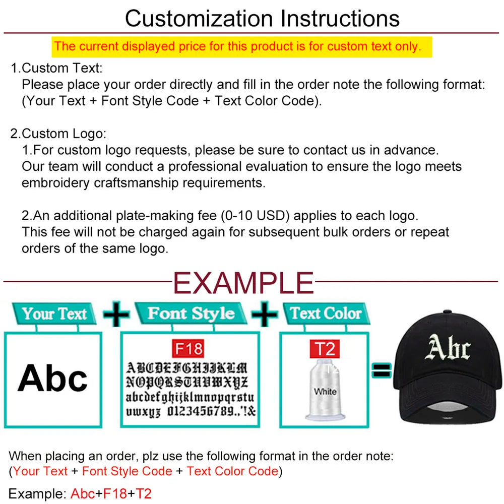 Customization instructions for text and logo on a product with examples and formatting details.