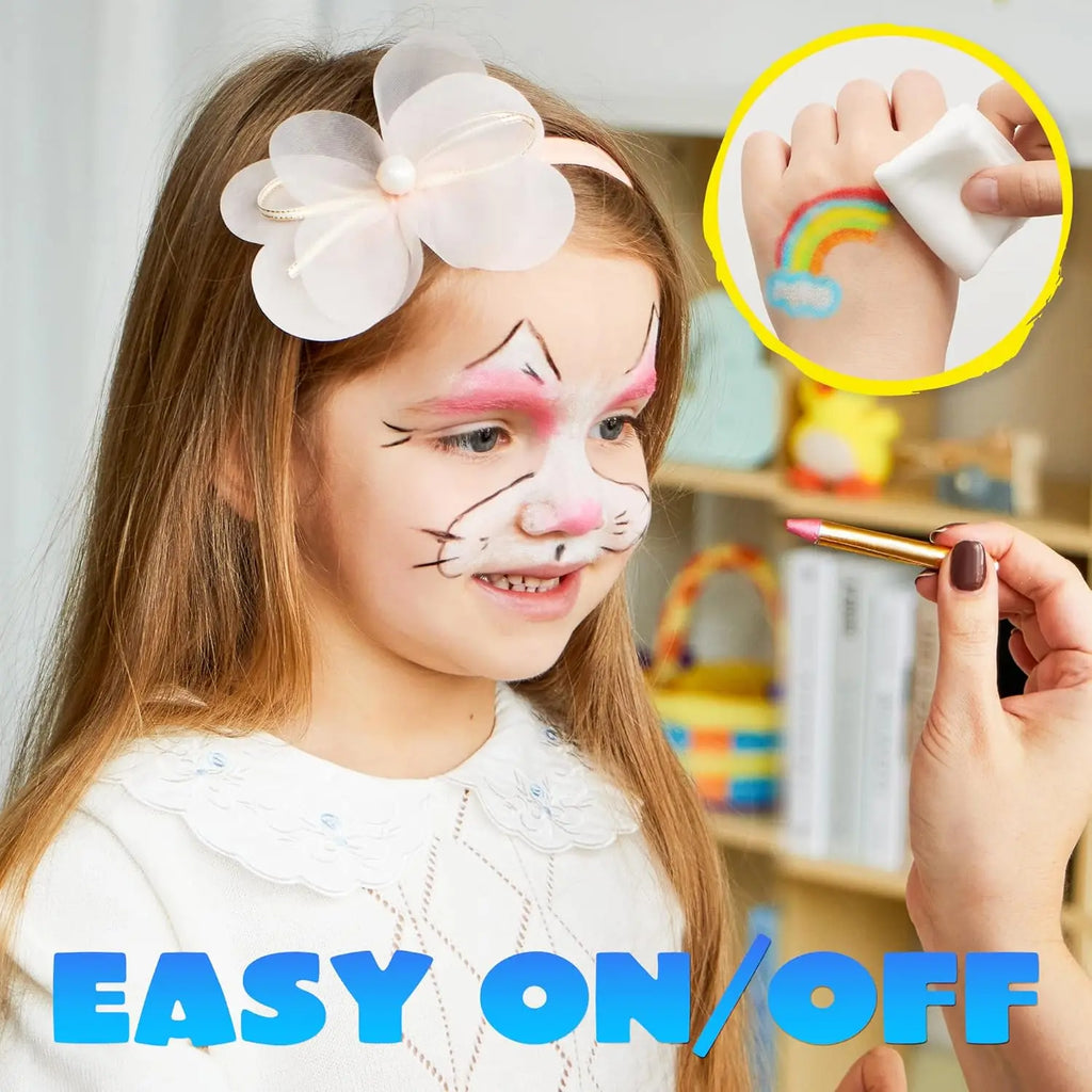 Child with bunny face paint and a hand applying makeup, with 'EASY ON/OFF' text.