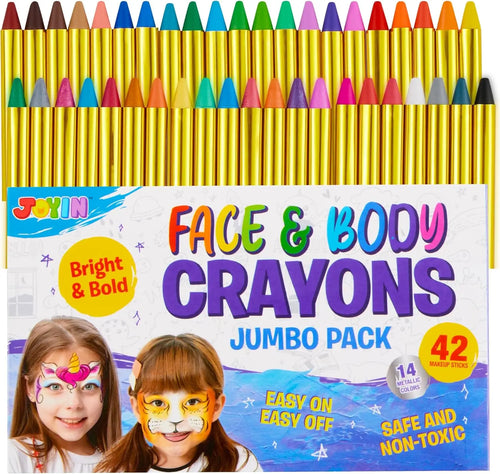 Jumbo pack of face and body crayons with colorful tips and a Joyin branded box.