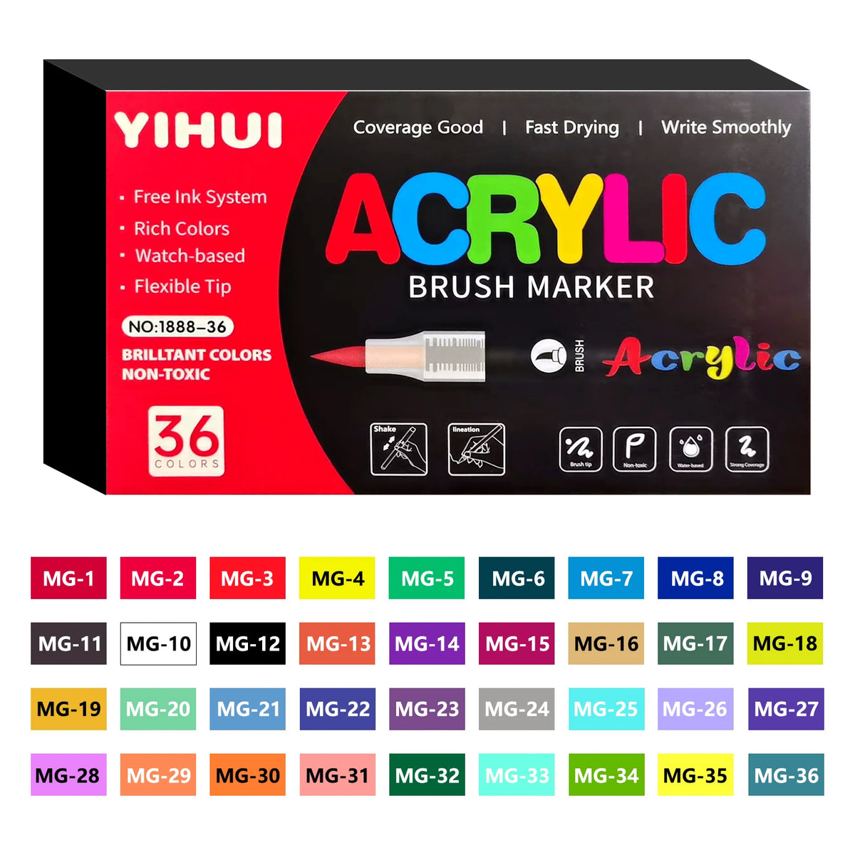 YIHUI acrylic brush marker set packaging with color swatches on a white background