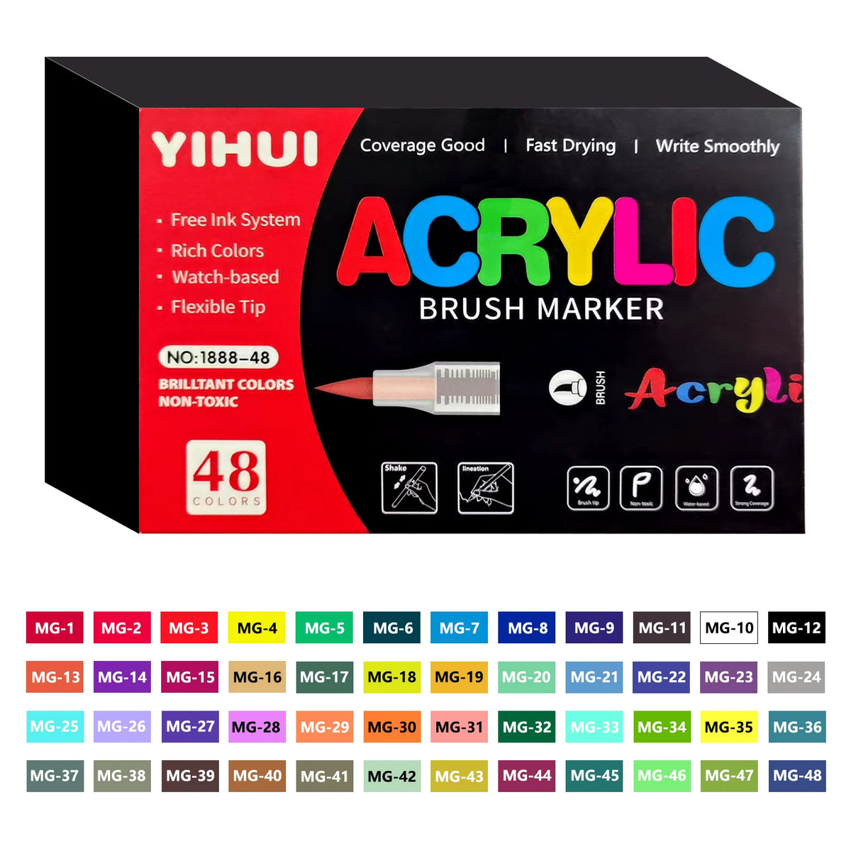 YIHUI acrylic brush marker set packaging with color swatches on a white background