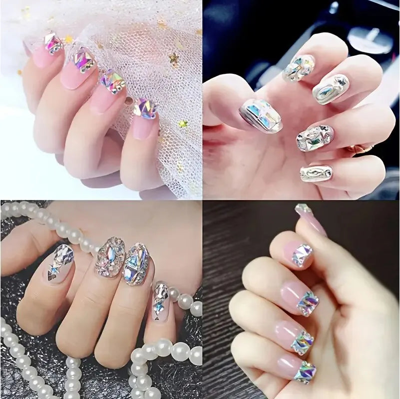 Collage of four images showing decorative nails with crystals and pearls.