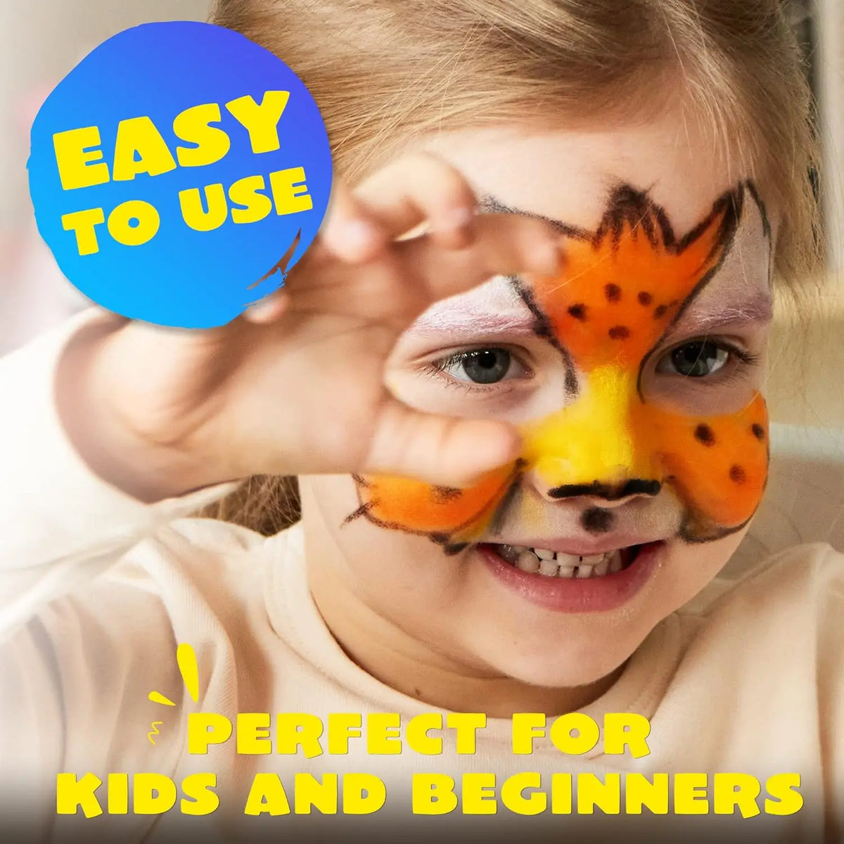 Smiling child with orange and black leopard face paint design with Easy to Use and Perfect for Kids and Beginners text overlay