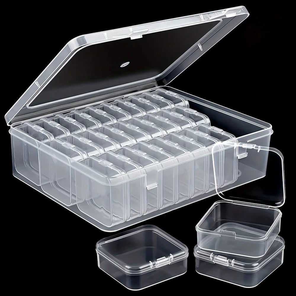 Clear plastic multifunctional storage box open showing 12 removable snap-lid mini containers inside with 3 individual containers beside it on black background