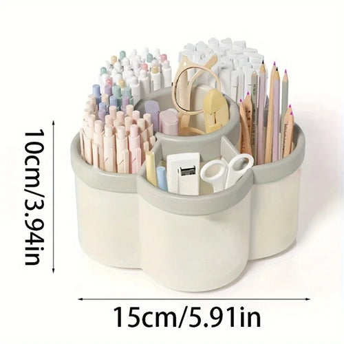 White rotating 6-compartment desk organizer with dimensions 15cm wide by 10cm tall shown filled with pens markers and colored pencils on white background