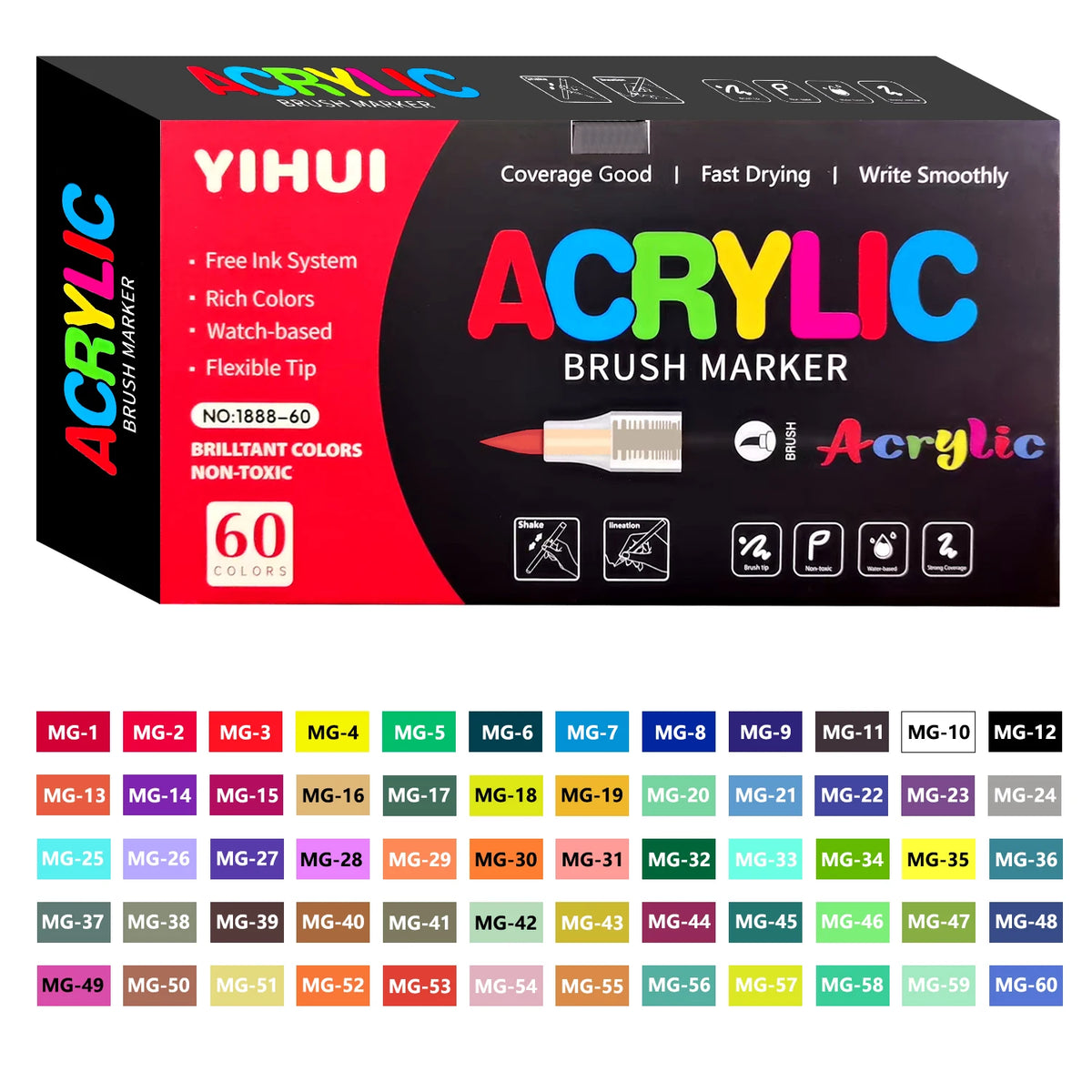 YIHUI acrylic brush marker set packaging with color swatches on a white background