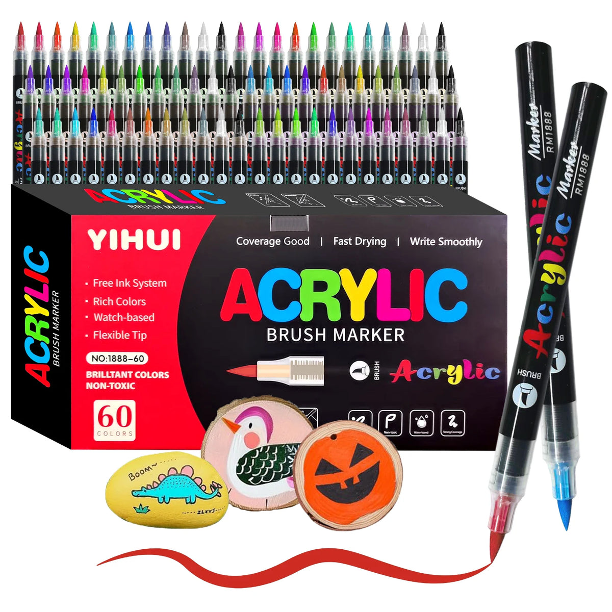 YIHUI acrylic brush marker set with markers and decorated rocks on a white background