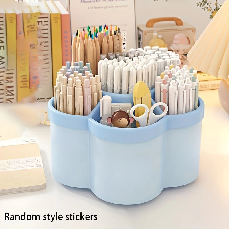 Blue 360-degree rotating desk organizer filled with markers colored pencils and scissors beside notebooks and books on a white desk with Random Style Stickers label