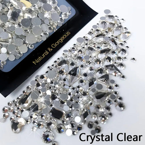 Crystal clear rhinestones on a white background with 'Natural & Gorgeous' branding.