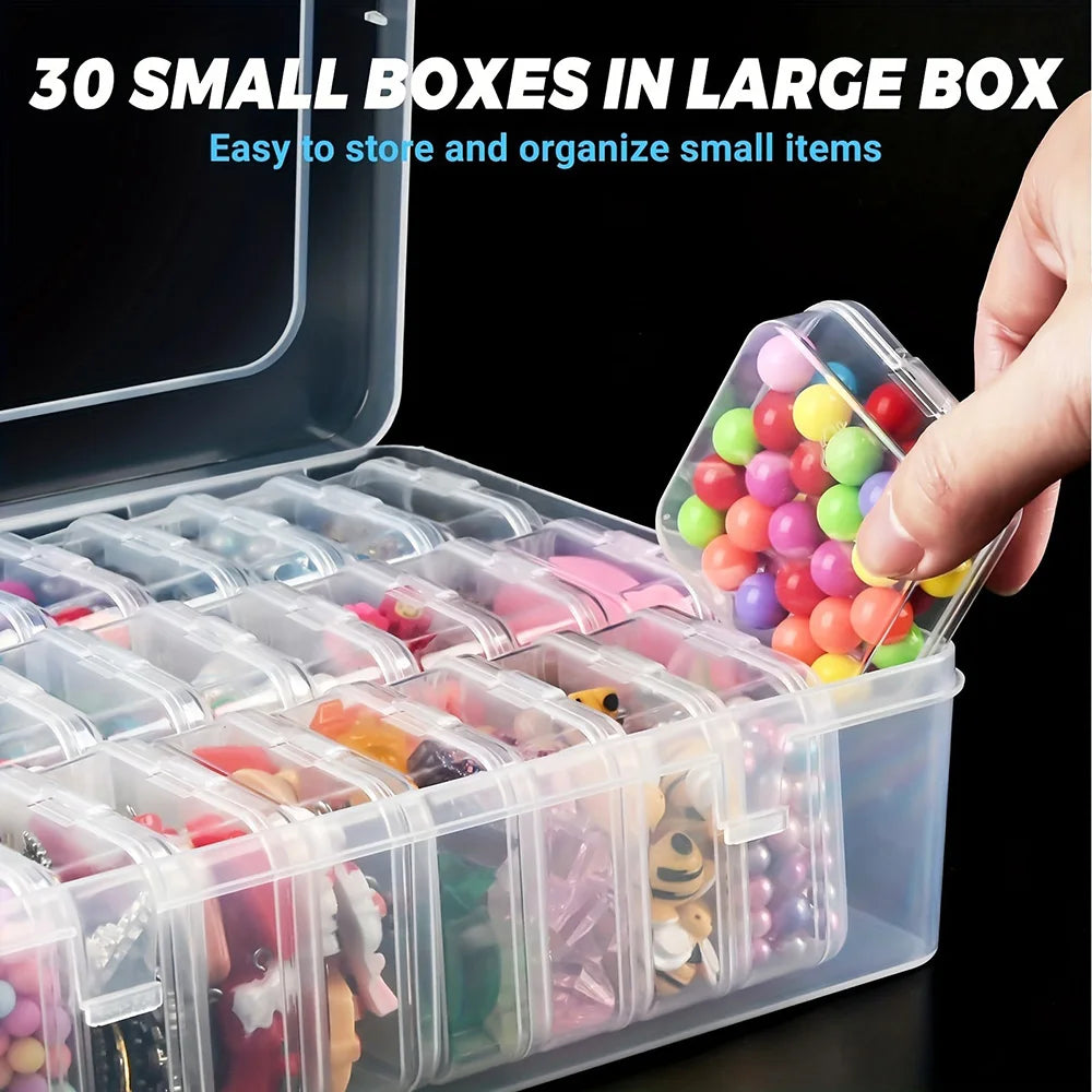  Hand removing a mini snap-lid container filled with colorful craft beads from a clear large storage box with text 30 Small Boxes in Large Box