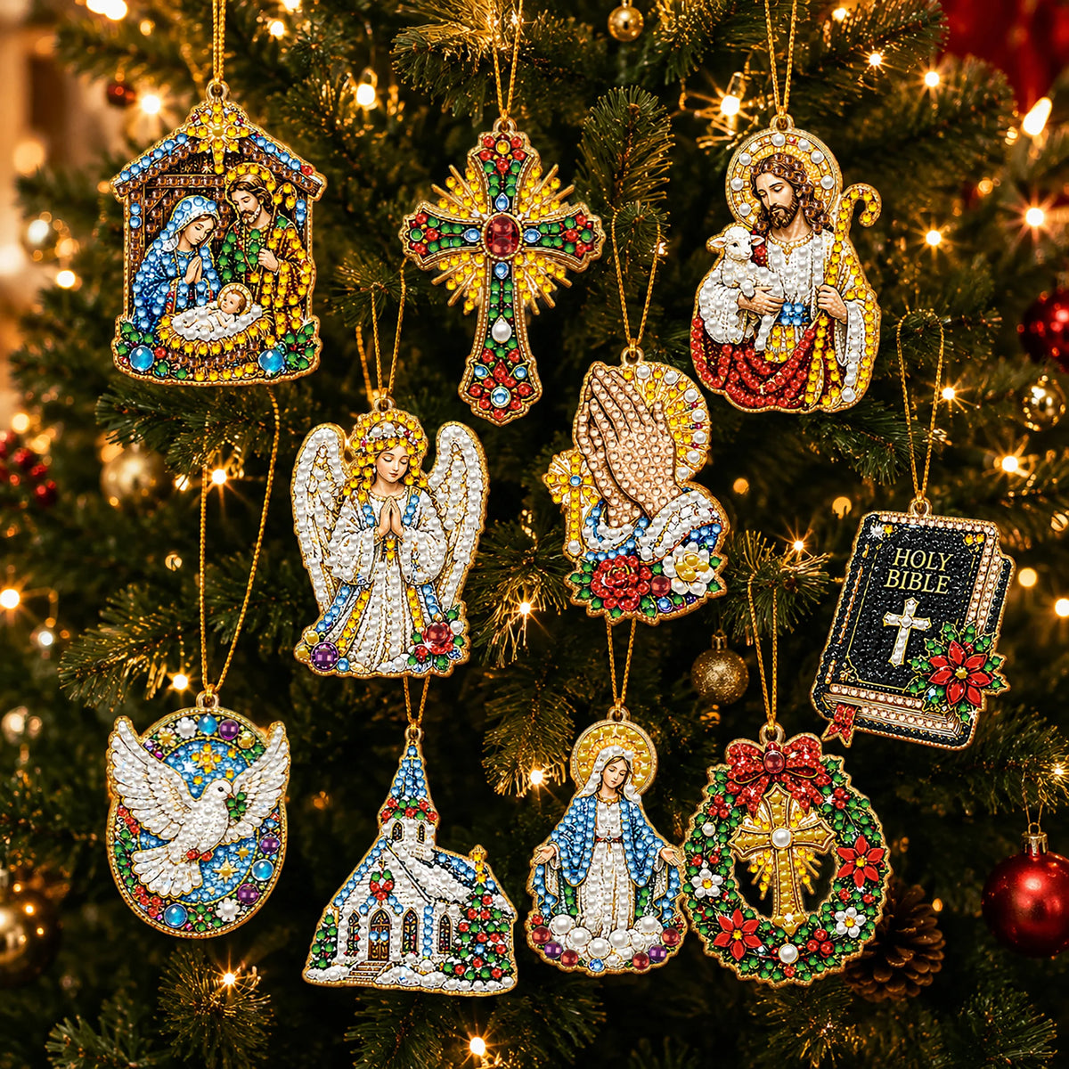 DIY Christmas Diamond Painting Ornaments, 10-Piece Set