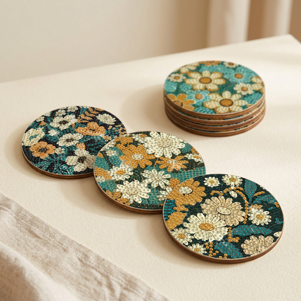 Floral diamond-art coasters styled on a warm cream tabletop