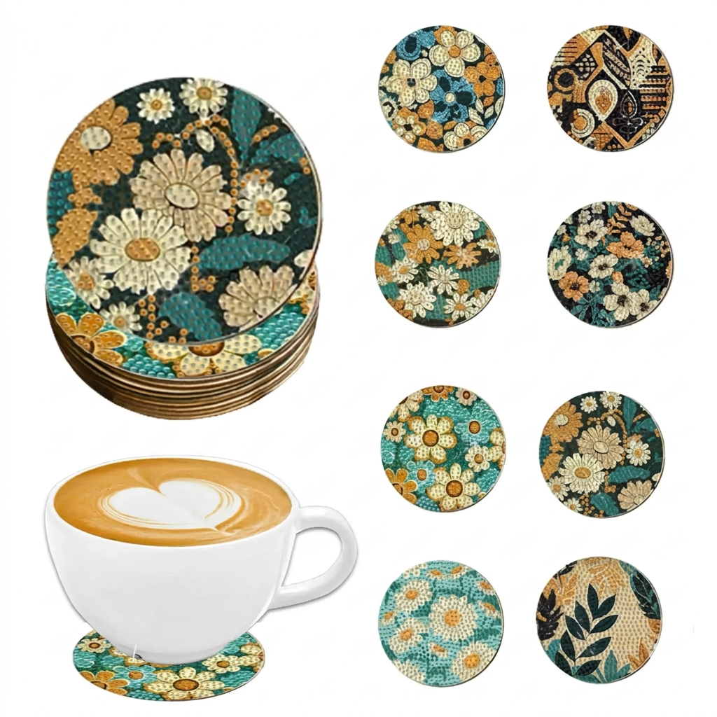 Cleaned-up supplier collage showing eight floral diamond painting coaster designs and a coaster stack